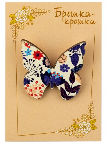 Значок деревянный "Бабочка", белый фон, крупные цветы - Значки Санкт-Петербург