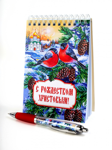 Канцелярский набор "С Рождеством Христовым! Снегири. Храм": блокнот, ручка фото 2