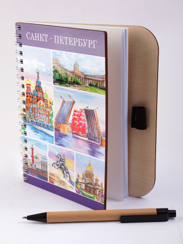 Блокнот деревянный с ручкой "Санкт-Петербург. Коллаж. Акварель", на пружине, 125х172 мм фото 4
