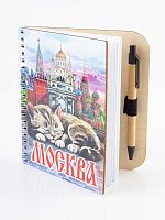 Блокнот деревянный с ручкой "Москва. Спящий кот", на пружине, 125х172 мм